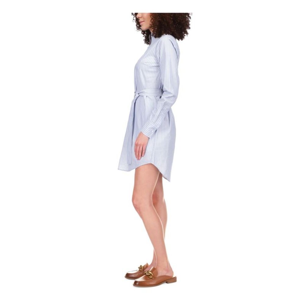 NWT MICHAEL MICHAEL KORS Womens Blue Belted Curved Button Front Shirt Dress S - Picture 2 of 3